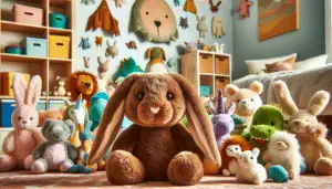 An indoors scene revealing a variety of plush toys, centered on a lop eared rabbit. The rabbit is soft, with a rich, earthy brown fur and drooping ears. The rabbit's eyes peer out brightly amidst other plush creatures, which range from mythical characters to animals, such as dinosaurs, unicorns, and friendly lions. They are arranged in a cozy atmosphere perhaps a child's bedroom, with colorfully painted walls, and a soft, area rug. The room invites play yet maintains its organized, neat appearance. No specific brands, text, logos, or people are present in the image.