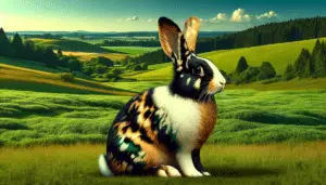 Create an image of the countryside with a Rhinelander rabbit. The image is marked by the distinct patterns and shimmering colors of the rabbit. The rabbit is in its entirety displaying its unmistakable black, white, and tan coat, standing in profile against a verdant backdrop. The setting is a pastoral scene of rolling hills, distant trees, and clear blue skies. There are no logos, brand names, or people present in this tranquil scene. The Rhinelander rabbit, with its distinctive host of colors, becomes the focal point of the composition, providing a clear connection to the title 'Rhinelander Rabbit'.