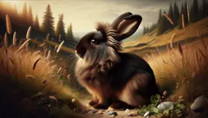 An image depicting the essence of a Sable Rabbit without necessary text. The scene is outdoor in the midst of grassy terrain under midday sun. The central figure is a sable rabbit with its dense, soft, and dark brown fur glossing under sunlight. The rabbit is posed curiously, sniffing around its surroundings which consist of tall grass, wildflowers and a few loose pebbles, indicating the approaching enclosure of a burrow. The backdrop shows a tree-line at a distance, providing depth to the artistic display. No humans, text, or brand logos are present in this visual representation.