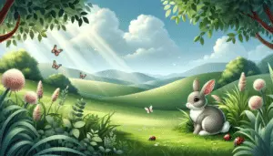 Illustrate an image that depicts a Smoke Pearl Rabbit, a beautiful creature sitting in a serene meadow, grazing on some nearby foliage. The surrounding area should be verdant and teeming with other small signs of wildlife, such as butterflies fluttering overhead and ladybugs quietly crawling up stems. The terrain must be gentle, rolling hills fading in the distance under a soft blue sky with a few fluffy, white clouds. Dappled sunlight casts through an overhanging foliage, giving the scene a dreamy, peaceful ambience. Remember - no humans, text, brand names, or logos should be visible in the image.