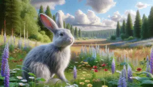 An image featuring a silver rabbit in stunning detail, looking at its radiant fur you can almost sense the silky touch. It stands in a serene meadow on a sunny day. Beautiful wildflowers of numerous colors surround the rabbit, contrasting against its silver coat. Distant forest borders the meadow, casting faint shadows. A soft, blue sky with fluffy white clouds forms the backdrop, offering a calm and peaceful setting. The rabbit is depicted as lively, its nose twitching, ears pricked in attention. Please maintain a realistic style for the image, emphasizing the natural beauty of the scene.