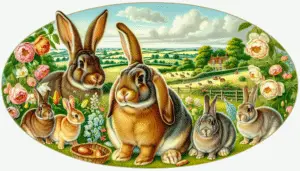 An illustration representing the concept of 'English Lop', a type of rabbit known for its long, floppy ears. The rabbits can be seen in a picturesque English countryside setting with lush green fields and blooming flowers. There should be a few rabbits of different hues scattered across the scene, some resting while others are seen hopping. All rabbits should exhibit the characteristic long ears that distinguish this breed. Notably, there should not be any people, text or brand names in the scene, ensuring a clear focus on the rabbits in their natural habitat.