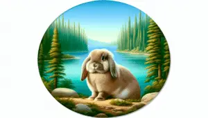 A scenic yet simplistic depiction centered around a Velveteen Lop rabbit. The rabbit is showcasing its remarkable characteristics such as soft, velvety fur, long lop ears, and an endearing round face. The rabbit is located in a serene outdoor setting suffused with natural beauty. In the background, a softly-focused tapestry of tall green trees flanking a calm body of crisp blue water are visible. There are no people, text, brand names, or identifiable logos in sight, adhering strictly to the request.