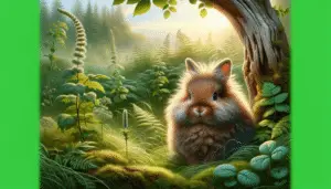 A detailed and realistic image of a Lionhead Rabbit in its natural habitat. The rabbit should be a tawny color with a tufty mane around its head, looking both cute and majestic. The surrounding environment should be lush and green, full of thick grass, soft ferns, and blooming wildflowers. A gnarled tree trunk frames one side of the image and the gentle rays of dawn or dusk cast a soft glow on the scene, adding warmth and depth. No text, brand names, logos, or people should be included in the image.