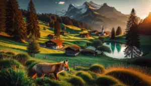 A picturesque Swiss countryside setting during late evening. A fox can be seen in the foreground, its reddish-brown fur in stark contrast to the gently rolling green meadows that surround it. Behind the fox, characteristic features of the Swiss landscape can be seen: towering snow-capped mountains, quaint cottages nestling amongst tall pine trees, and serene turquoise lakes. The setting sun casts a beautiful golden hue on the scene. It's important to note that the image does not contain any human figures, text or brand logos.