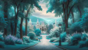 A scenic view of an idyllic park with tall, mature trees framing the scene. Their leaves are a lush mix of forest and mint green, contrasting with the soft blues of the wide, cloud-dappled sky overhead. At the center of the scene, there is a winding cobblestone path leading towards a intricately detailed Gothic-style building. Besides the path, there's a traditional street lamp of ornate ironwork. The overall hues of the scene are leaning towards different shades of blue, from the misty blue mountains in the distant to the pastel blue flowers near blooming near the cobblestone path, representing the theme 'Vienna Blue'.