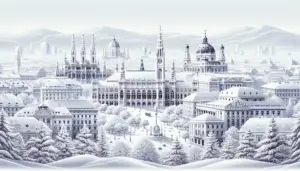 An representation of Vienna Austria, without any humans. Visualize the city's iconic landmarks, such as the State Opera House, Schönbrunn Palace, and St. Stephen's Cathedral. To symbolize the 'white' aspect of the title, picture a serene winter setting with everything covered in a thick layer of fresh snow. No text, logos or brand names are to be included.