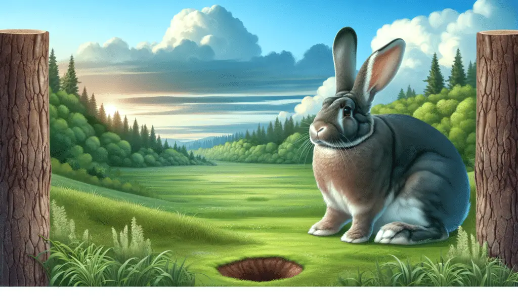 A tranquil outdoor environment featuring a Flemish Giant rabbit, notable for its large size and friendly demeanor. This gentle giant of the rabbit world is shown in an open field with patches of fresh green grass, under a serene, partially cloudy sky. Nearby, there's a small burrow in the hillside, indicating where the rabbit might live. Surrounding the field, thick forest unveils the beauty of nature. There are no human figures, text, brand names, or logos in the image.