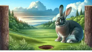 A tranquil outdoor environment featuring a Flemish Giant rabbit, notable for its large size and friendly demeanor. This gentle giant of the rabbit world is shown in an open field with patches of fresh green grass, under a serene, partially cloudy sky. Nearby, there's a small burrow in the hillside, indicating where the rabbit might live. Surrounding the field, thick forest unveils the beauty of nature. There are no human figures, text, brand names, or logos in the image.