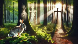 Create an image representing a rabbit associated with St. Hubert. The rabbit stands in an idyllic forest glade, sunlight filtering through the dappled canopy to spotlight its soft fur. Close by, the ghostly image of an age-old cross serves as a symbol of St. Hubert, renowned as a patron saint of hunters. An aura of tranquility pervades the scene. Ensure there are no people, brand names, texts, or logos present in the image.