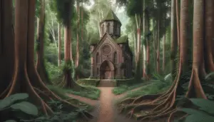 A preserved, medieval-style church with elongated arched windows and a tall steeple situated amidst a lush, verdant forest. The church, known for its bronze hue, is standing firm amongst the intertwined roots and trunks of the forest. A dirt path leads up to the large wooden doors of the church, carved with intricate religious motifs. No text, logos, branding or people are present in this serene, peaceful scene, filled with flora and fauna.