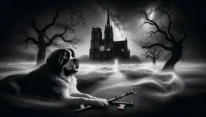 A monochrome scene depicting a Saint Bernard dog sitting regally under a dusky sky, with gnarled trees edging the unknown, creating an eerie silhouette against the twilight. A dramatically lit gothic cathedral looms in the far distance, its spires reaching into the heavens. Ground fades into a misty ethereal road leading to the majestic structure. The atmosphere is charged with mystery and an impending sense of adventure. The eye is drawn to a vintage brass key shrouded in a swirl of billowing fog at the feet of the hound. There is a celestial star positioning itself directly above the key, signifying divine intention.