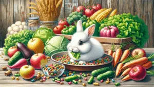 Illustrate a collection of fresh vegetables, fruits, and hay arranged neatly on a wooden surface. Scatter some pellets around. In the midst of this colourful bounty, set a small, fluffy, white rabbit with bright eyes and twitching whiskers, nibbling on a piece of lettuce. The colours in the composition should be vivid against a soft farmhouse-style backdrop. No human presence, text, brand logos, or any form of written content should be visible in the artwork.