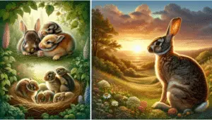 A serene natural scene depicting a rabbit's life cycle dulcetly. From left, a meadow where a nest of soft brown baby rabbits huddle together, a midsection illustrating a lively young rabbit prancing in dappled sunlight, and, on the right, a dignified older rabbit sitting peacefully, looking out over a sunset. Background should be filled with a mixture of lush greenery, shrubs and flowers typical of a rabbit's habitat, with no human-made objects (such as brands or writings) appearing in the scene.