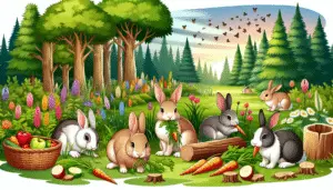 Illustrate an image that displays various wild rabbits munching on their natural diet in a serene forest setting. Include elements such as rabbits nibbling on grasses, clovers or bark. Also highlight rabbits consuming vegetables and fruits such as carrots and apples that they might find in nature. In the backdrop, paint an open, green landscape filled with tall trees, colorful wildflowers, and little burrows indicating rabbits' habitat. However, avoid the presence of humans, text, brand names, and logos in your illustration.