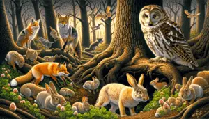 A busy woodland scene dominated by various predators known to feed on rabbits. A glimpse of the elaborate food chain ingrained within nature. A perceptive owl is perched high on an oak tree, its golden eyes gleaming in the light of dusk. A fox is half-hidden, skulking through a bush with its fiery coat just visible. A coyote cautiously trots near the edge of the forest, scanning its surroundings. A graceful wildcat crouches, waiting patiently for an opportunity. Tiny rabbits are scattered around, blissfully unaware of these potential threats, nibbling on clover patches near burrow entrances.