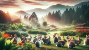 A scenic outdoor image showcasing a group of rabbits in a field, interacting and going about their daily routines. The rabbits should vary in color and size, depicting the natural variation within rabbit groups. Beautiful vegetation should be visible in the background to complement the scenery. The image should have a serene ambiance, with soft, natural light illuminating all elements of the scene. Remember not to include any individuals, brand names, logos or any form of text.