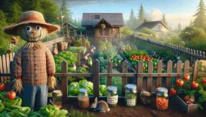 A lush green garden thriving with a variety of vegetables including tomatoes, lettuce, and carrots. A small wooden fence surrounds the garden providing a barrier. Next to the fence, a scarecrow with a straw hat, large googly eyes, and a bright, plaid shirt is on guard. On the ground, there are a couple of harmless, homemade repellents such as pepper and garlic mixture. In the distance, a number of rabbits are seen looking at the barricade, their noses twitching, clearly deterred from entering the garden. The sky is a clear blue with a soft morning light pouring over the scene.