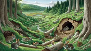 A lush, verdant meadow with hollow logs providing shelter, a burrow entrance visible at the foot of a grassy hill. Numerous rabbits of different species and sizes are seen going about their lives - eating, hopping around, grooming themselves or just lazing about. The terrain also includes patches of cultivated greens, a small freshwater stream flowing through, and surrounding trees - all major elements of a rabbit's natural habitat. The daytime sky overhead is clear with a hint of scattered clouds. There are no human beings, text, or brand symbols in this peaceful, sylvan expanse.