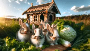 Gentle and fuzzy baby rabbits, playfully hopping around in a field filled with fresh green grass. In the background, there is an old fashioned, intricately detailed, wooden hutch, their cozy home. To the side, locate fresh leafy vegetables, their favorite treats. The sky overhead is cloudless and intensely blue, while a warm sunlight fills the scene. The time of day is mid-afternoon, lending a warm golden touch to the whole landscape.