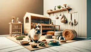 An indoor setting illustrating pet care for rabbits to suggest longevity. The scene includes a well-maintained rabbit hutch with fresh hay, a water dish, and a food dish filled with rabbit-friendly vegetables. Nearby, try to capture some Rabbit's toys and grooming supplies laid out, mimicking a healthy, caring environment that will indirectly answer the question 'How Long Do Rabbits Live as Pets?'. Make sure not to include any text or human figures within the image. Ensure that the environment looks brandless, clean, and tidy to not hint at any logos or brands.