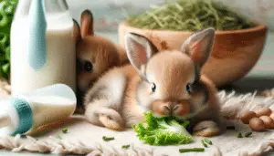 A soothing scene where two small baby rabbits are depicted, one is lying comfortably on a grassy patch with a bottle of milk nearby, while the other is nibbling at a piece of leafy green lettuce. Their fur is soft and brown, with adorable pink ears perked up, and curious blue eyes looking around. A small wooden bowl containing timothy hay can be seen in the backdrop, next to a bowl of water, for hydration. Everything is bathed in soft, welcoming light, providing a sense of warmth and care.