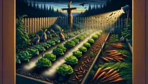 A visual interpretation of a gardening process related to repelling rabbits. The scene is set in an average backyard garden at dusk: a vegetable patch, with ripe carrots and lettuce. At the edge of it, a variety of rabbit deterrent methods are shown, including a strategically placed scarecrow, a fence designed to keep small animals out, and a sprinkling of a nondescript powder that would represent a natural repellent. In the background, a few rabbits are seen retreating into the woods, indicating the effectiveness of these methods.