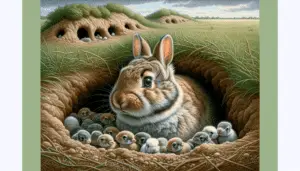 A detailed image of an adult rabbit nestled in a grassy field, looking attentively ahead. In the background, there are multiple rabbit burrows visible. In front of one of the burrows, you can see a litter of baby rabbits huddled together, their fur different shades of brown, white, and grey. They are tiny and fragile, capturing the early stages of their growth. All around them is the scenery of a safe and comfortable habitat - fresh, green grass, a couple of nearby bushes providing shelter, and clear, blue sky above them. The image is peaceful and delivers a sense of life's beginnings in the wild.