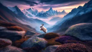 Envision a scenic landscape of the Himalayas. The tall peaks capped with snow stretch endlessly, enveloped in a tranquil mist. Amid the craggy rocks and sparse vegetation, highlight a fluffy rabbit native to this region. The rabbit possesses a thick layer of fur to safeguard against the chilly climate. This enchanting animal is captured mid-hop with an invigorating energy that perfectly juxtaposes the serene scenery. Display a rustic shade of twilight that paints the sky with hues of waning blues and mauves. Ensure the image is free from any text, people, and brand logos.