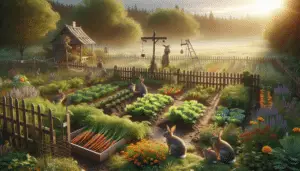 An idyllic garden landscape bathed in soft morning sunlight. Different types of vegetables, like carrots and lettuce, are growing healthy in the garden. Off to the side, traditional rabbit deterrents like a small fence and scarecrow are visible. In the foreground, some humane rabbit traps are set with food inside. Natural rabbit repellents, such as marigolds and garlic, are scattered throughout the garden. A few rabbits stand at the edge of the garden, looking in but unable to enter due to the deterrents. The entire scene communicates peaceful co-existence without any humans or brand logos.