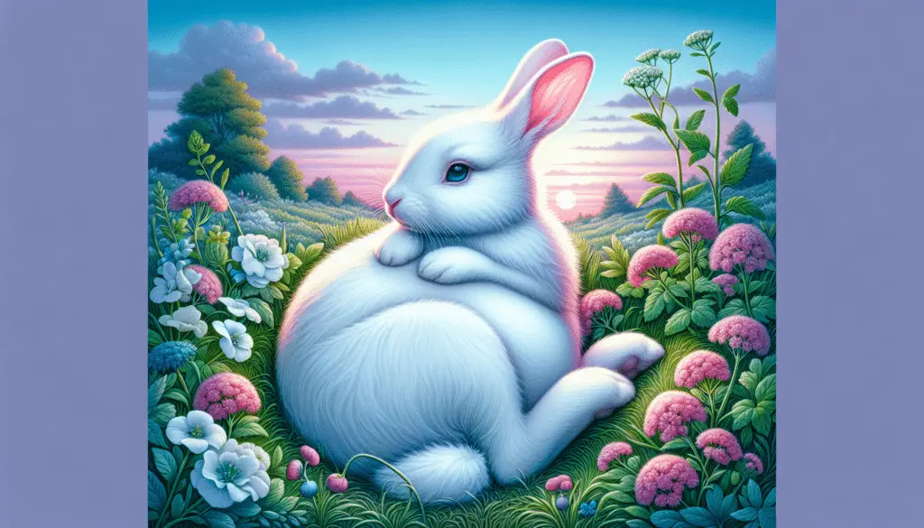 A detailed and vivid representation of a pregnant rabbit in a peaceful outdoor setting. The rabbit is comfortably nestled in a grassy area, surrounded by blooming wildflowers. She's pure white with adorable pink ears, and her body portrays signs of pregnancy. The time of day can be a calm dusk with baby blue and pink pastel hues blending in the sky, giving a sense of the time passing. No human figures, texts or brand logos should be present in the image.