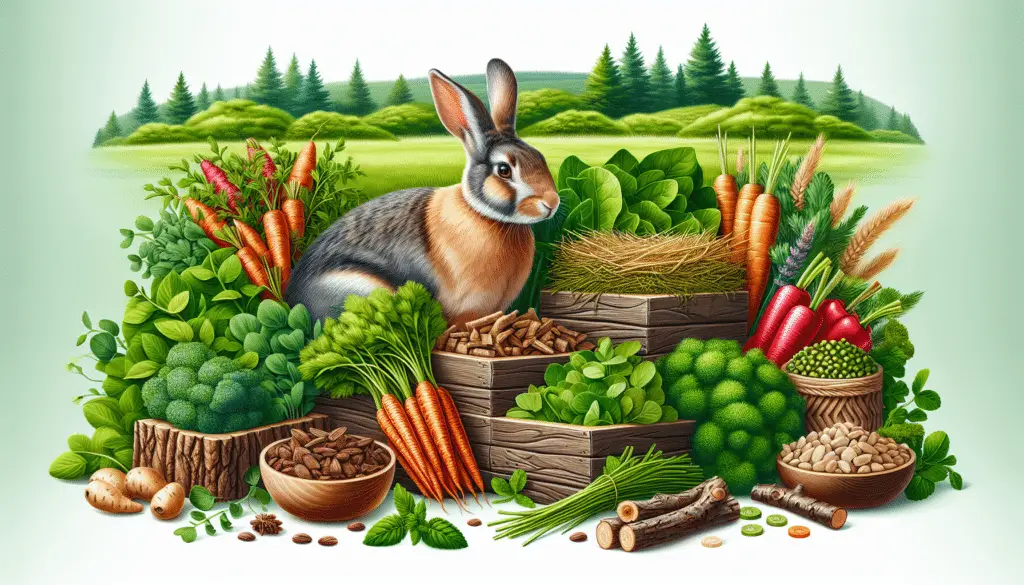 An eye-catching display of various types of safe, natural, and nutritious foods for wild rabbits. This includes a colorful array of leafy greens, carrots, hay, and tree bark. A friendly, relaxed wild rabbit nibbles on some hay nearby. All of the foods are presented neatly, without packaging or brand indications. There's a lush green meadow in the background, a bright and sunny sky overhead. The style is realistic and vivid.