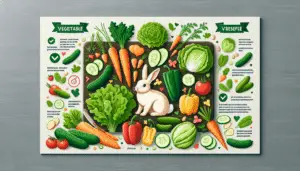 An informative image displaying a collection of vegetables that are safe for rabbits to consume. Display a variety of items such as carrots, lettuce, cucumbers, and bell peppers arranged neatly, perhaps on a wooden chopping board or a grassy field. Each individual vegetable is fresh and full of color, looking very appealing and nutritious. No humans, text, brand names, or logos are present within this image, just the wholesome veggies themselves and the setting where they are presented. The overall atmosphere of the image is light, fresh, and inviting.