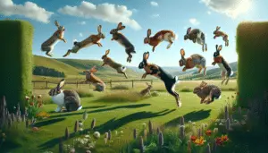 A visual representation of various types of rabbits caught mid-jump, demonstrating their capacity for leaping. The scene is set in a grassy landscape, replete with flowers, tall grass, and rolling hills in the background. Each rabbit, differing in size and breed, is shown leaping high above the ground, with their legs stretched out mid-jump. The sun is casting long shadows, emphasizing the height of their jumps. The sky is azure blue with white fluffy clouds drifting across it. There are no brand names, logos, or people in the pastoral scene.