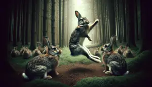 Produce an image capturing the essence of rabbit behavior, focusing specifically on the action of thumping. Visualize a forest setting with two or more rabbits of any breed in the frame. One rabbit should be in mid-thump stance with its hind foot lifted in readiness to hit the ground, while other rabbits look on with curious expressions. Make sure to exclude any indication of human influence, such as brands, logos, artifacts or human figures. Convey an atmosphere of natural tranquillity, mystery, and intrigue, with no text or inscriptions visible in the image.