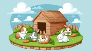 An illustrative image displaying a few domestic rabbits happily frolicking and munching on carrots on a patch of green grass with a simple wooden shelter nearby implying a peaceful and long life. The setting is during the daytime, under a blue sky with few fluffy white clouds. Without any presence of human or brand logos.