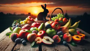 A wholesome scene at dusk of various types of fresh, delectable fruits that are safe for rabbits to eat. These fruits should include apples, pears, plums, and peaches, all vividly colored and arranged in an attractive manner. They should be fresh, ripe, and sliced, arranged in a pattern on a rustic wooden table outdoors. In the background, you can subtly hint at a silhouette of a rabbit, indicating that these fruits are for it. No text, people, brand names, or logos should be included in the image.