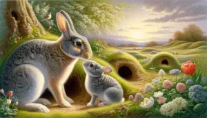 An enchanting scene of two adult rabbits in a quiet and serene meadow during the springtime, with rabbit burrows nearby. In the surroundings, there are subtle signs of fresh vegetation and blooming flowers indicative of the breeding season. One of the adult rabbits is lightly touching its nose to the nose of a smaller, younger rabbit, suggesting a mother-child relationship, capturing the essence of rabbit life-cycle and breeding. The skies are clear with the glow of late afternoon sunlight. All elements in the image are devoid of text or logos.