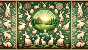 Generate an illustrative image of various symbols associated with rabbits. This includes their association with fertility, good fortune, creativity and innocence. The image should depict different rabbit figurines or statuettes made of porcelain or wood, without any humans, texts, brand names, or logos. In the background, there can be an idyllic scenery like flourishing green fields or dense green forests, which also symbolize fertility and life. Remember, make sure there are no human figures in this serene setting.