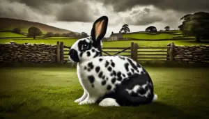 Create an image that represents the concept of an 'English Spot' without the inclusion of people, text, brand names, or logos. The focus of the image should be a black and white rabbit with a unique pattern, characteristic of the English Spot breed. The rabbit is placed amidst a setting reminiscent of the English countryside. Additionally, the surroundings should contain common elements such as lush, green grass and a traditional wooden fence, all under a fair weather, cloudy sky.