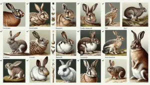 A collection of a variety of rabbit species. Showcase some commonly domesticated, such as 'Dutch rabbits', and wild ones, like 'cottontails' and 'snowshoe hares'. Remember not to include any people or brand names in the image. Display them in a neutral outdoor environment, possibly showing varied habitats associated with each type. Moreover, show visual cues to indicate their safety for consumption, such as a checkmark symbol for those that are edible and a cross symbol for those that are not. Remember to exclude any text on items or within the image.