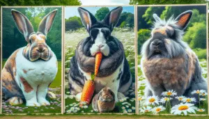 Display multiple breeds of rabbits set in picturesque outdoor settings to demonstrate their unique characteristics without the presence of people or text. On the left side, include a Flemish Giant rabbit nestled in lush green grass. Its large, towering size and muscular build sets it apart. In the center, show a Dutch rabbit with distinct color patches, nibbling on a carrot. To the right, depict a fuzzy Angora rabbit enjoying a sunny day amidst daisies. Each rabbit should be strikingly different, capturing the essence of their breed characteristics.