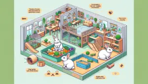 An image illustrating an ideal living environment for pet rabbits. The scene involves a spacious indoor area that includes several elements beneficial to the rabbits' well-being such as a large cage with plenty of room for movement. Additionally, there's a play area with rabbit-friendly toys and tunnels. The habitat also includes a feeding station with fresh vegetables and a water dispenser. To meet their natural instincts, a digging box with safe substrate is also visible. Throughout the room, there are no signs, logos, brand names, text, or human figures.