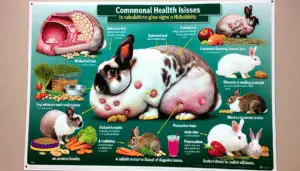 An educational, DSP photo showing a variety of common health issues in rabbits including a rabbit with overgrown teeth, a rabbit with signs of obesity, and a rabbit displaying posture related to digestive issues. Also, depict preventive measures such as a balanced diet of hay, vegetables, water, a rabbit with a well-trimmed tooth, and a rabbit engaged in physical activity within a safe and clean rabbit habitat. The image should not contain any people, text, brand names, or logos.