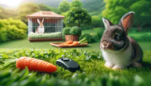 An image emphasizing on pet rabbit training. In the foreground, there is a young rabbit sitting upright, attentively listening while nestled in a lush green landscape. In front of the rabbit, there's a small piece of juicy carrot on the ground which appears to be used as a training reward. Adjacent to this scene, there is a clicker gently rested on a ground, an aid for training. In the background, there's an open rabbit cage with a cozy bedding. The atmosphere is serene and inviting, appropriate to ensure a stress-free environment for pet rabbits.