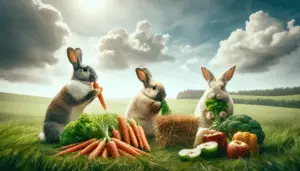 A carefully composed image that captures the essence of pet rabbits' nutritional needs. The scene unfolds in an open, grassy meadow under a clear sky. Four rabbits are showcased, each relishing a different type of food integral to their diet: one rabbit munches on a fresh, crisp carrot; another savors a green leafy lettuce; the third rabbit nibbles on a hay bundle; and the last one is indulging in some dark green broccoli. A variety of fruits and vegetables, such as apples and bell peppers, are also dispersed on the meadow, untouched, symbolizing the importance of variety in their diet. No humans, text, brand names or logos are present in this image.