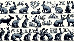 Create an illustration of various rabbits interacting within a natural setting. The image should depict different forms of rabbit behavior such as grooming, hopping, and interaction with other rabbits. Communication between rabbits could be represented by different body postures, and also by symbols such as thought bubbles with pictograms or drawings illustrating their feelings or intentions. Keep in mind, the image must not include any humans, text, or any brand names or logos.