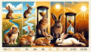 An informational visual featuring longevity symbols such as a hourglass and a flowing river, alongside representations of diverse rabbit breeds. The left side of the image show a youthful, playful rabbit amidst spring meadows. The center displaying an adult rabbit basking in the warm, summer sun. Lastly, the far right illustrates an elderly rabbit napping peacefully in the golden hues of autumn. Each rabbit's breed differs, reflecting a variety of shapes, sizes, and color patterns. Ensure the image captures the essence of time's passage and the variety in rabbit breeds, but bear in mind that no logos, brand names or people should be included.