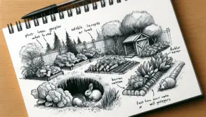 Sketch an ideal rabbit-friendly garden without any people or texts. Prioritize plush greenery maybe with a variety of edible plants that rabbits love such as lettuce, carrots, and bell peppers. Incorporate a small wooden shelter for the rabbits to rest and sleep, hidden within the vegetation for a feel of nature. Add a burrow area that leads to an underground network of tunnels for them to play and explore. Also include a fresh water source which could be in the form of a shallow, babbling brook flowing through the middle of the landscape.