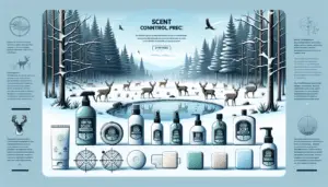 Visual presentation featuring a range of the top hunting scent control products typically used in winter of 2024, designed to keep deer unaware of your presence. The products include spray bottles, special fabric materials, soap bars, and small devices that emit neutralizing odors. All of them are illustrated without any text or brand logos. The background consists of a serene winter forest scene, complete with snow-covered trees and tranquil deer grazing, undisturbed by human presence. No people appear in the image.